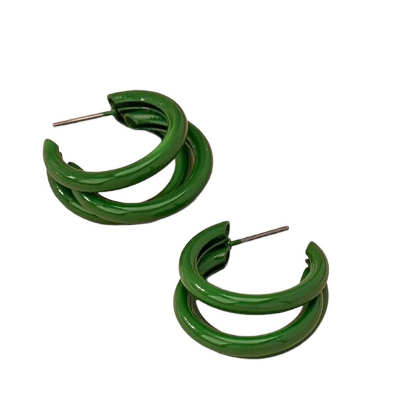 Geometric C Shaped Green Hoop Earrings - Picture 2 of 6